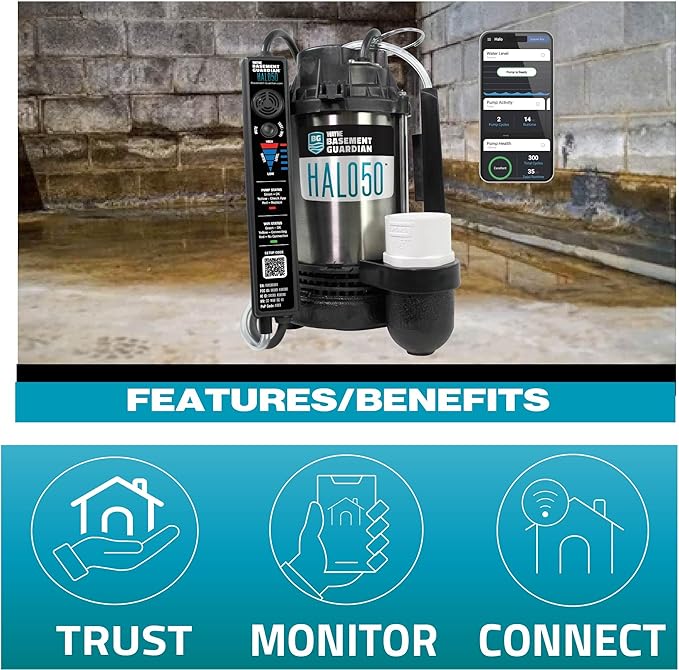 WAYNE HALO50 Smart Sump Pump – ½ HP Stainless Steel Basement Protection Pump, Up to 5,100 GPH – Digitally Connected Flood Protection with App Monitoring – Quiet Operation