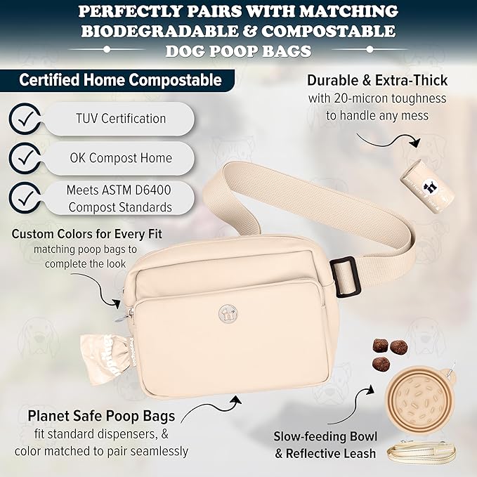 Puppington 3-in-1 Crossbody Dog Treat Pouch for Pet Training - Compostable Poop Bags, Built-In Poop Bag Dispenser, Slow-Feeding Travel Dog Bowl & Reflective Leash - Dog Walking Bag (Vanilla Cream)