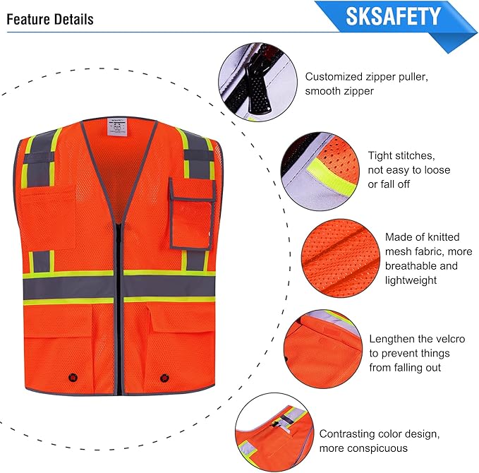 SKSAFETY 10 Pockets Safety Vest, Class 2 High Visibility Security with Zipper Double-sided mesh, Hi Vis Vest with Reflective Strips, ANSI/ISEA Standard, Construction Work Vest （Orange, 2XL）