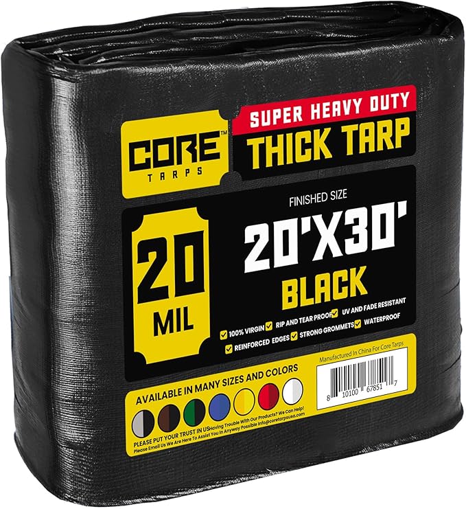Core Tarps Extreme Heavy Duty 20 Mil Tarp Cover, Waterproof, UV Resistant, Rip and Tear Proof, Poly Tarpaulin with Reinforced Edges for Roof, Camping, Patio, Pool, Boat (Black 20′ X 30′)