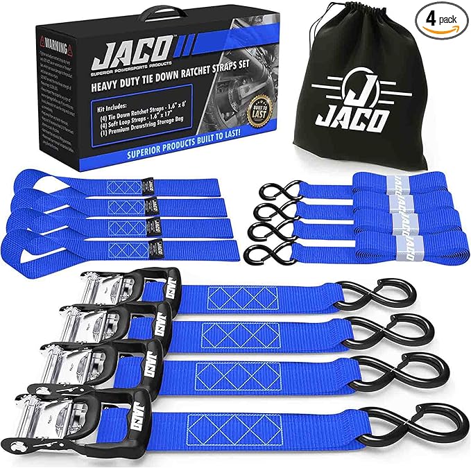 JACO Heavy Duty Ratchet Straps - 1.6 inch x 8 ft (Pack of 4) | Tie Down Kit with Soft Loops - 5,208 lbs (Blue)