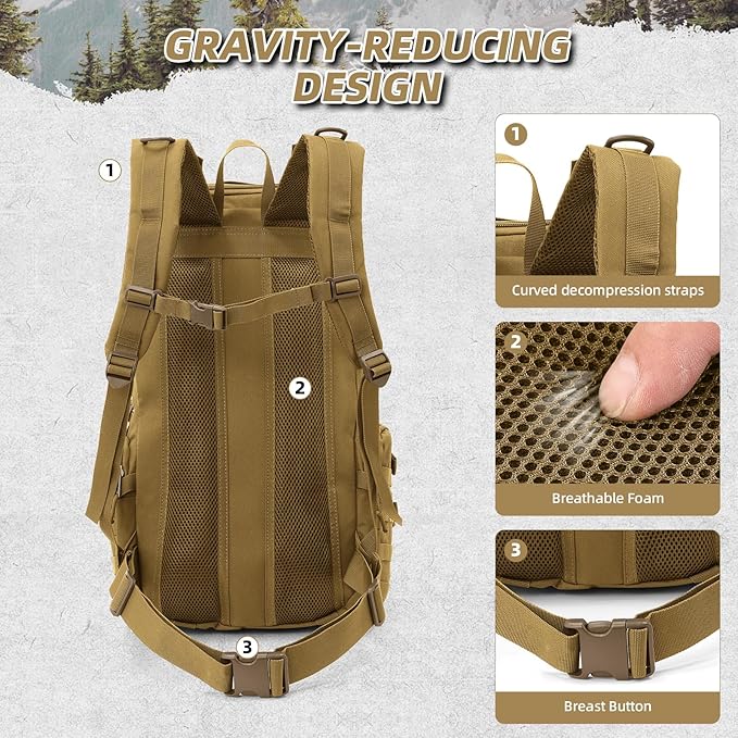 35L Military Tactical Backpack for Men,Water Resistant Assault Pack for Women,Khaki Molle Daypack 3 Day Bug Out Bag Rucksack for Trekking, Camping,Survival,EDC