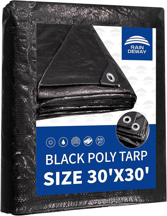 RAINDEWAY Large Tarp 30x30, 8 Mil Thick, Black Tarps Heavy Duty Waterproof, UV Resistant, Cover with Metal Grommets and Reinforced Edges, Finished Size