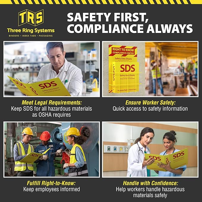OSHA-Compliant SDS/MSDS Binder with Wall Mount, 2inch 3-Ring, High-Visibility Yellow & Red, Holds up to 400 Sheets, Bilingual (English/Spanish), Durable & Easy to Install for Workplace Safety