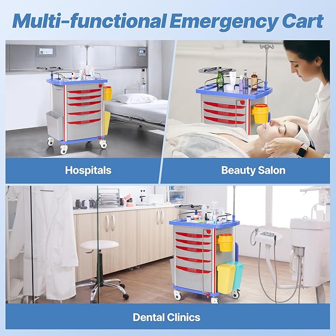 Careboda Medical Crash Cart with Drawers, Emergency Rolling Cart with Silent Casters, Adjustable IV Pole, Power Strips, ABS Trash Bin, O2 Holder, for Hospitals, Clinic, Nursing Centers, 350lbs