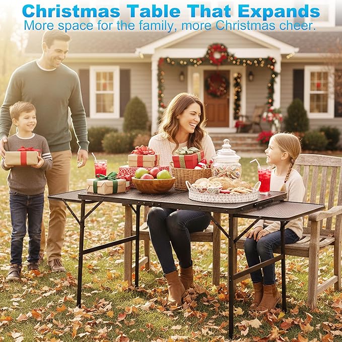 Folding Family Camping Table with 2 Wing Panels, Metal Grill Table with Mesh Tabletop, 2 Adjustable Heights, Large Picnic & Outdoor Table, 2 Side Shelves, Lightweight (4.4 FT, Black)