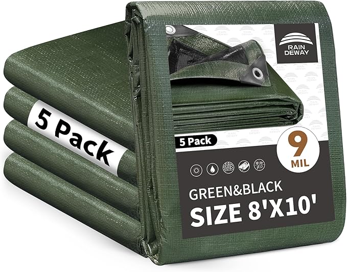 RAINDEWAY Tarps 8x10 Feet（5 Pack）,Tarp Waterproof,9Mil Thick Finished Size, Multipurpose Poly Tarp Cover with Metal Grommets and Reinforced Edges,Green/Black Tarpaulin