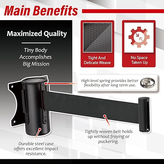 DuraSteel Wall Mount Crowd Control Retractable Belt Barrier - 9.2 Ft Black Retractables Barrier Belt, Crowd Control Barriers Do Not Enter Line Dividers for Crowds NOT Stanchions with Retractable Belts