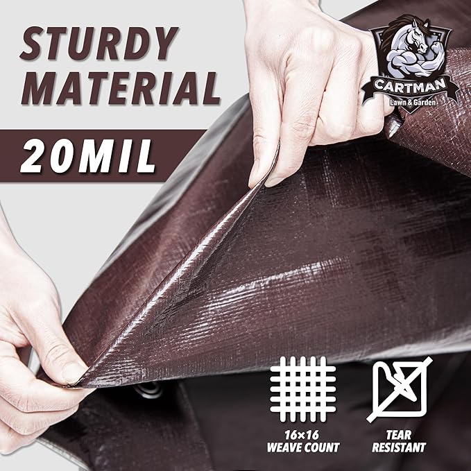 CARTMAN Finished Size 20x30 Feet Extra Thick 20 Mil Brown Ultra Heavy Duty Poly Tarp, Multipurpose Protective Cover, UV Resistant, Waterproof Poly Tarpaulin with Reinforced Edges