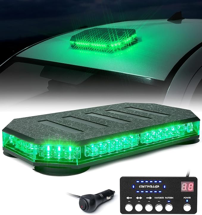 LUMENIX 42 LED Roof Top Strobe Beacon Light Bar Hazard Warning Emergency Flashing Plow Lights with Controller for Law Enforcement POV Vehicles Tow Trucks Snowplow Postal Cars Green (Patent Design)