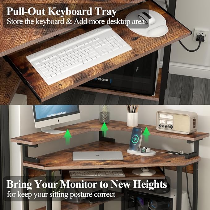 Auromie Corner Desk with Charging Station & LED Light, Triangle Corner Desk with Monitor Stand & Keyboard Tray for Small Space, Gaming Computer Desk with Storage Shelves for Home Office (Rustic)
