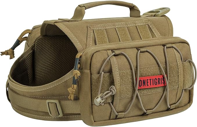 ONETIGRIS Dog Backpack for Medium & Large Dogs, Nylon Backpack for Dogs Tactical Pet Backpack with Side Pockets for Hiking Walking Training Running (Brown, Medium)