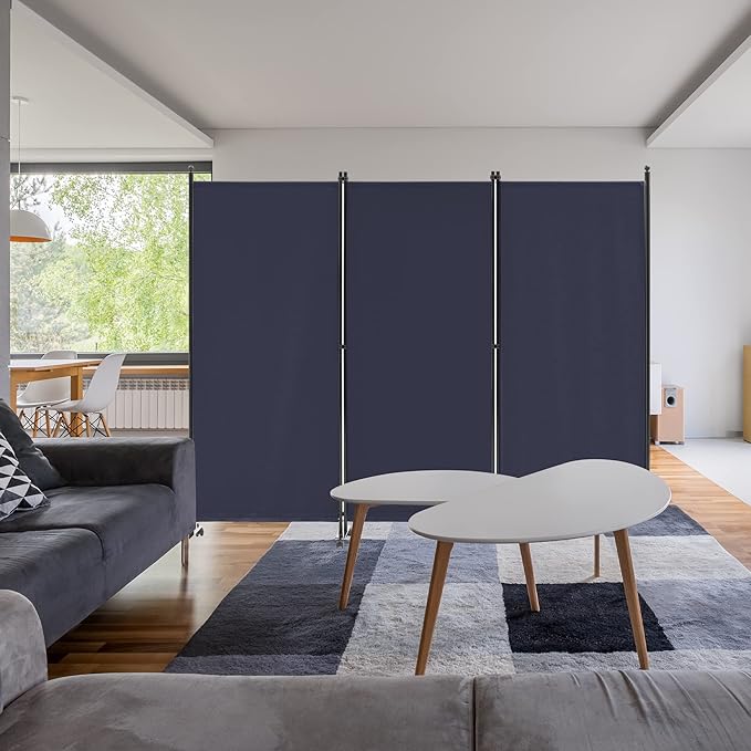 Spurgehom 3 Panel Rolling Room Divider, Folding Partition Privacy Screens, Freestanding Fabric Room Panel, Portable Folding Wall Divider for Office, Room, Restaurant, Hospital (Blue)