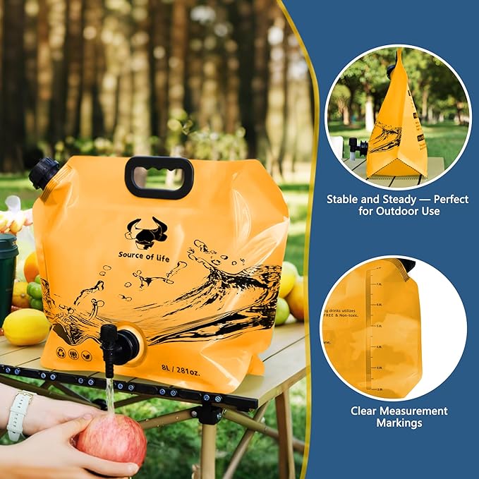 Water Jug Camping 2.1 Gallon Collapsible with Spigot, BPA Free Portable Water Pouch Foldable Water Bags for Outdoor Hiking, Travel and Emergency & Water Storage Containers (Orange-2Pcs)