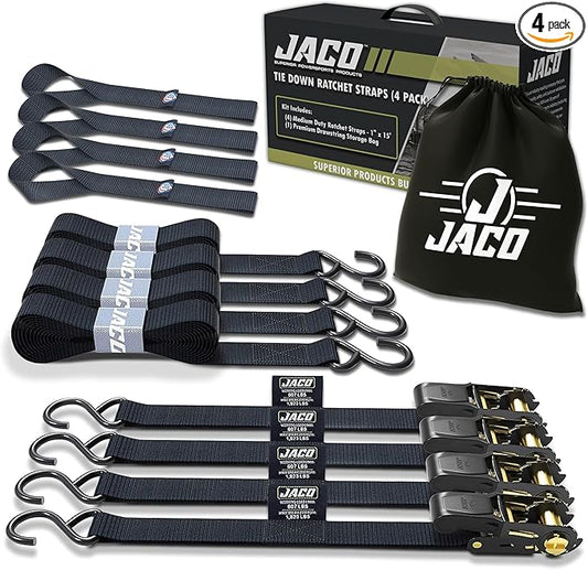 JACO Ratchet Tie Down Straps - 1 inch x 15 ft (Pack of 4) | 1,823 lbs (Black)