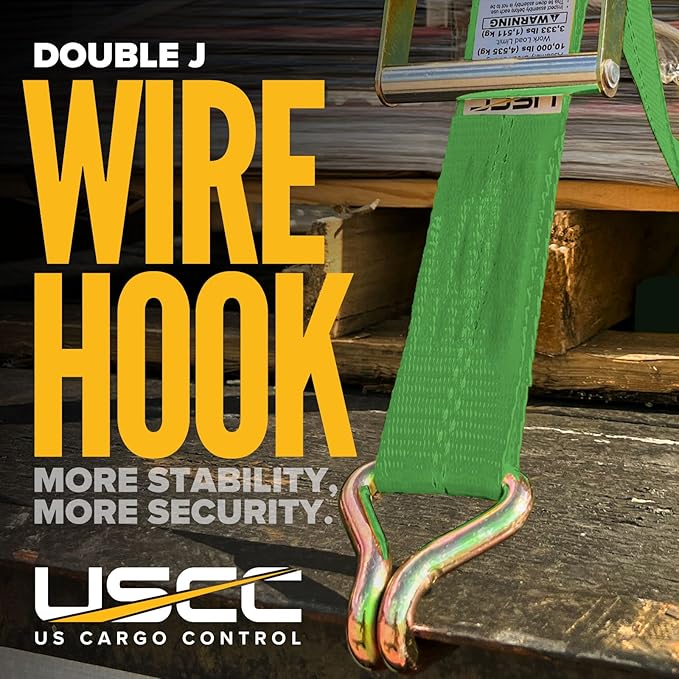 US Cargo Control Wire Hook Ratchet Strap 2 Inch x 12 Foot, 10,000 LBS Break Strength, Ratchet Straps Heavy Duty with Double J Hooks, Green Cargo Tie Downs for Flatbed Trailers and Trucks