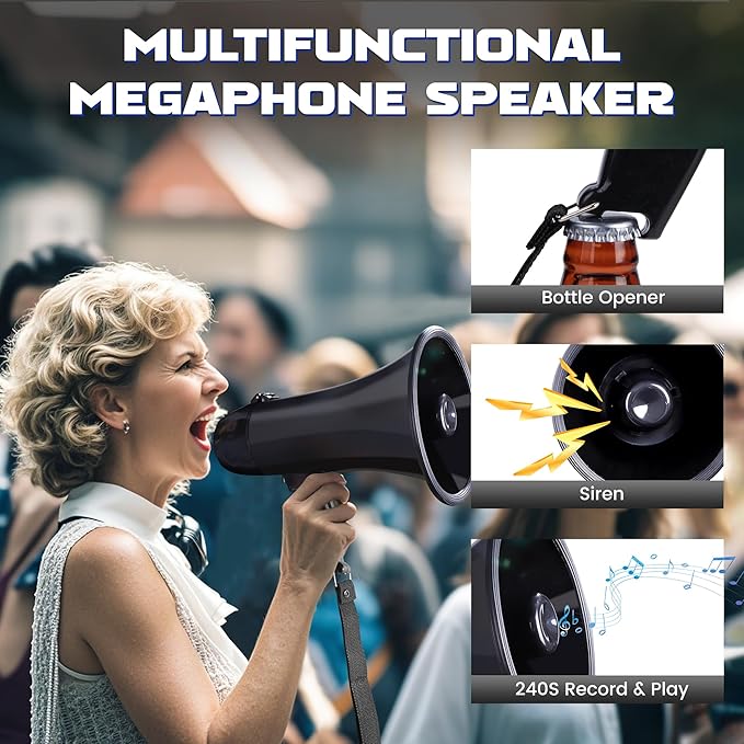 MyMealivos Portable Megaphone Bullhorn 20 Watt Power Megaphone Speaker Voice and Siren/Alarm Modes with Volume Control and Strap (Black)