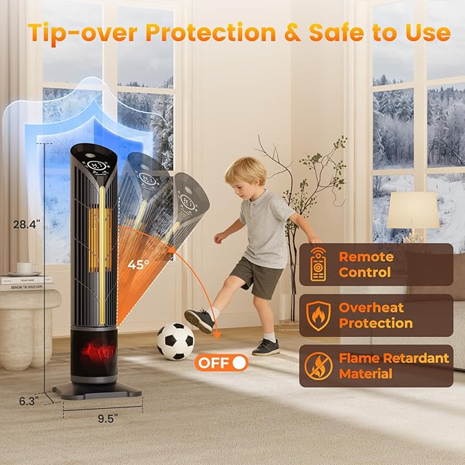 VCJ 28" Space Heaters, 1500W 12H Timer Electric Heater for Indoor Use, Remote, 120° Oscillation, Water Mist, Overheat & Tip-Over Protection, Quiet Portable Tower Heater for Bedroom Living Room Garage