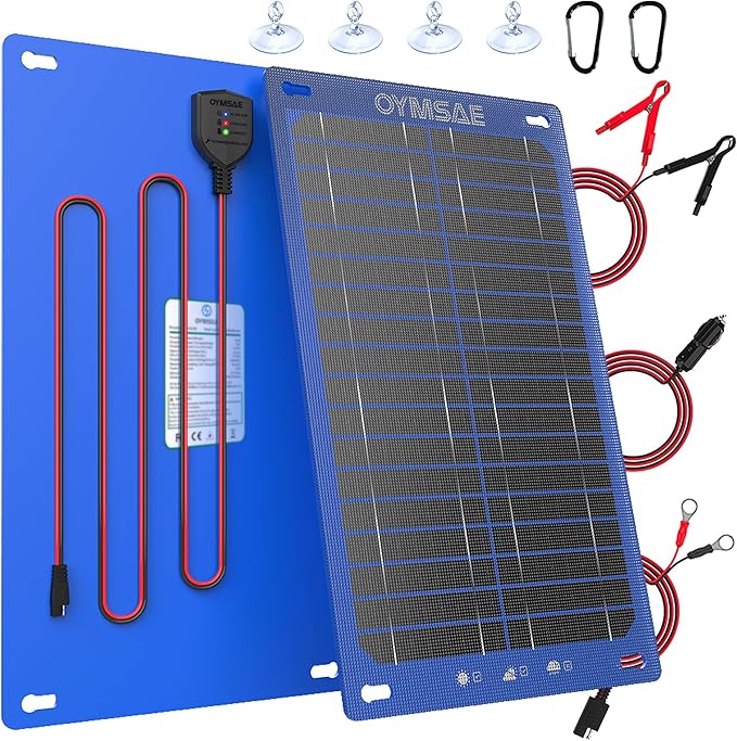 OYMSAE 15W 12V Solar Trickle Charger Maintainer, Waterproof Portable Solar Panel Battery Charger Kit with Cigarette Lighter Plug & Alligator Clips for Car, RV, Truck, Boat, Motorcycle, Marine