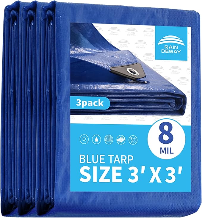 RAINDEWAY Small Tarps 3x3 Feet (3 Pack) 8 Mil, UV Resistant, Durable, Multipurpose Waterproof Poly Tarp Cover with Metal Grommets and Reinforced Edges,Blue Tarp