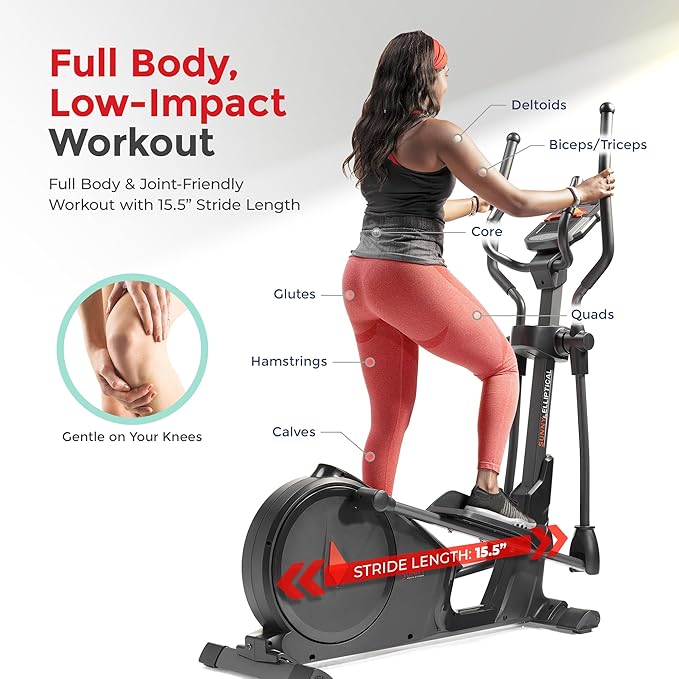 Sunny Health & Fitness Elliptical Cross Trainer Exercise Machine, Cardio Equipment for Home Gym with Pulse Sensor Grips, 24 Pre-Built Workouts, 16 Resistance Level Max 330Lbs, SunnyFit App Optional