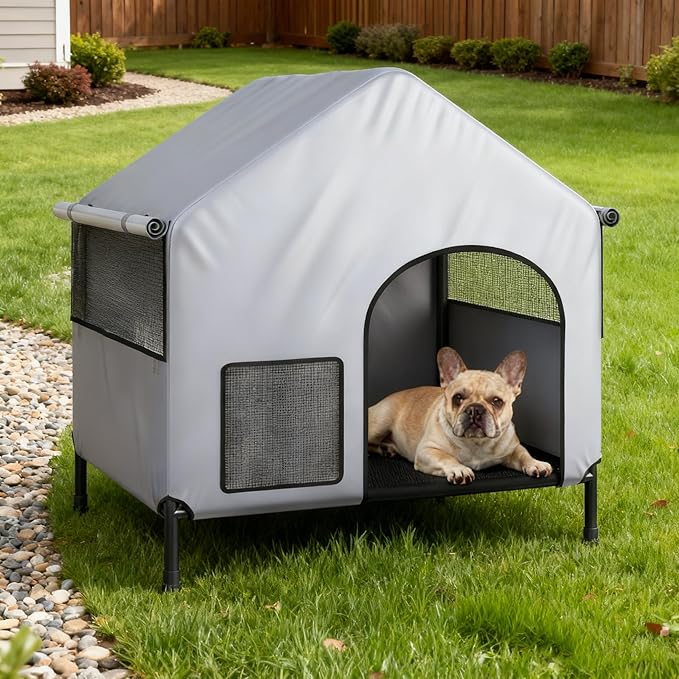 Outdoor Dog House for Small Large Dogs, Waterproof & Snowproof 600D Oxford Dog House with Elevated Dogs Bed, Pet Canopy Tent for Doggie, Cats, Small Animals, Grey