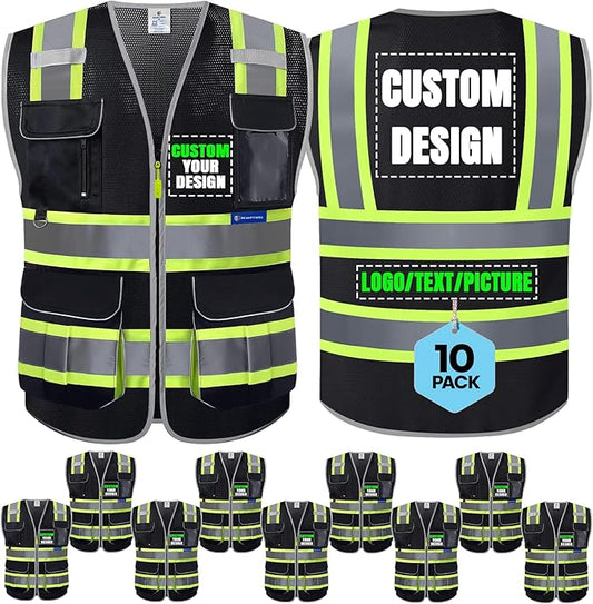 BeautyWill 10 Pack Custom Logo Safety Vest ANSI Class 2 High Visibility Reflective Vest Personalized Construction Vest Bulk
