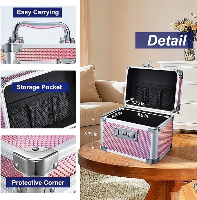 Adazzo Lockable Medicine Storage Box - Shiny Pink Cabinet Med Lock Organizer, 7 * 5.25 * 5.75 Inches Safe Case with Combination Lock for Home, Dorm, Office, or Travel - Mini Size