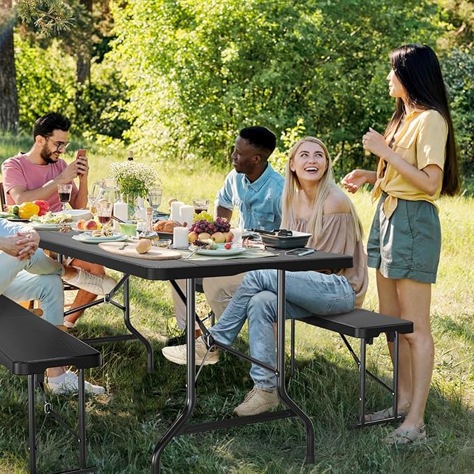 VINGLI Picnic Table Set with 2 Benches, 6 Feet Camping Table Chair Set, 3-Piece Folding Furniture for Indoor or Outdoor Use, Tree Patterned HDPE Tabletop, Black