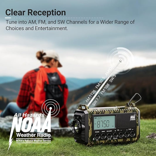 Emergency Radio 12000, Auto Digital Weather Radio Portable AM FM SW NOAA, Battery Operated Rechargeable Solar Hand Crank Radio with Flashlight, Cell Phone Charger, SOS, Type C Adapter