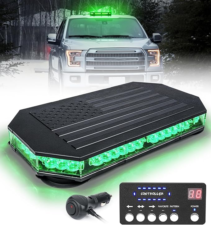 LUMENIX Green LED Rooftop Strobe Beacon Lights Magnetic Mount Emergency Flashing Safety Warning Caution Traffic Light Bar, for Law Enforcement POV Vehicles Towing Trucks Snowplow - Patented Design