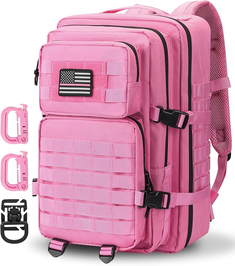 MOLLE Assault Backpack, Tactical Backpack Military Army Camping Rucksack, 3-Day Pack Trip w/USA Flag Patch, D-Rings, Pink