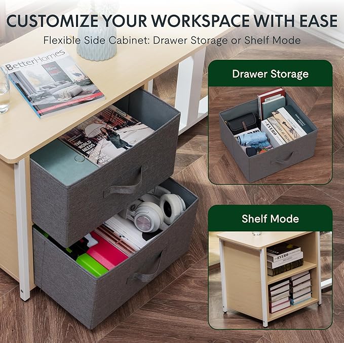 FLEXISPOT 55" L Shaped Standing Desk with Drawers and Shelves, Large Corner Stand Up Desk with Headphone Hooks for Home Office, Light Wood Grain Top+ White Frame