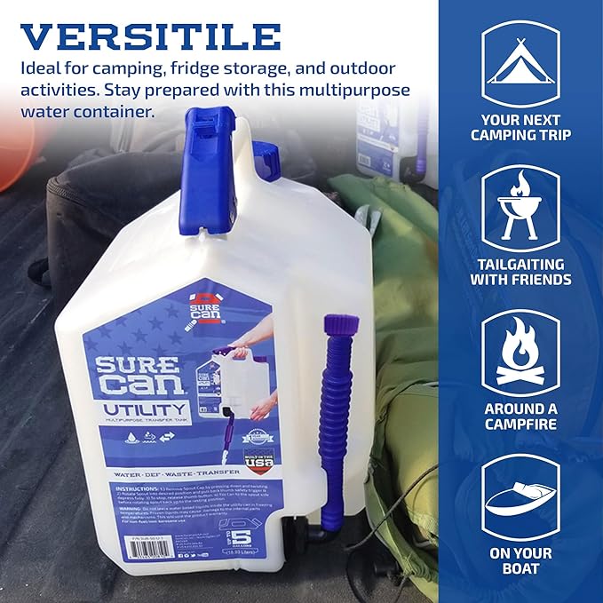 Surecan Transfer Tank & Water Dispenser - Multi-Purpose, Durable, and Compact 5 Gallon Water Dispenser, Camping Utility Container (White, SUR-50-U-1)