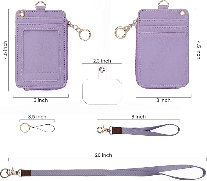2-in-1 ID Badge Holder & Lanyard Wallet - Multi-Use Womens Small Wallet with Removable Wristlet & Neck Lanyard, Clear Window, 5 Card Slots, Phone Holder, Ring Keychain - Purple