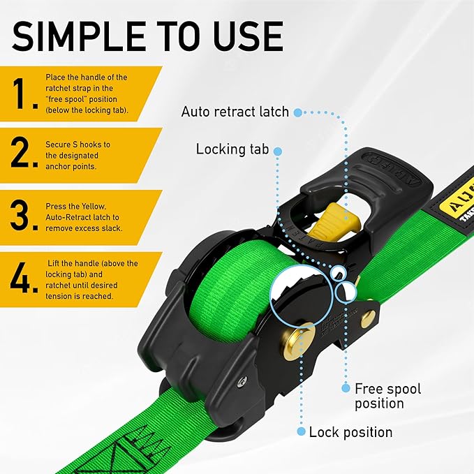 AUGO Retractable Ratchet Straps | 2 Heavy Duty Ratchet Straps Self Retractable Tie Downs with Soft Loops & Storage Bag for Motorcycle, Truck, Trailer, Cargo Van | 1200 Lb Break Strength 1” x 10’