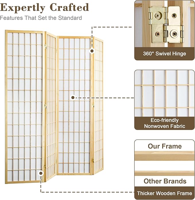 WelFurGeer 4 Panel Room Divider, Folding Privacy Shoji Screens, Room Partitions and Dividers, Decorative Room Dividers, Wall Dividers for Room Separation, Japanese Wood Room Divider for Home (Natural)