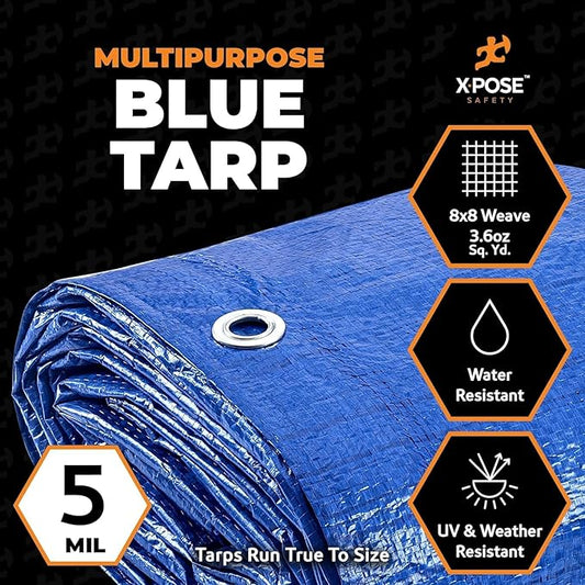 Better Blue Poly Tarp 12' x 25' - Bulk Half Pallet (120 Pack) Multipurpose Protective Cover - Lightweight, Durable, Waterproof, Weather Proof - 5 Mil Thick Polyethylene - by Xpose Safety