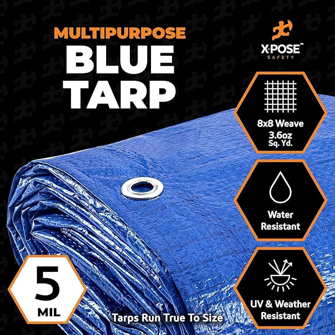 Better Blue Poly Tarp 12' x 22' - Bulk Half Pallet (200 Pack) Multipurpose Protective Cover - Lightweight, Durable, Waterproof, Weather Proof - 5 Mil Thick Polyethylene - by Xpose Safety