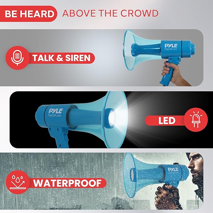 Pyle 40W Megaphone Bullhorn Speaker, Rechargeable Battery with Siren, LED Lights, Adjustable Volume, and 1000+ Yard Projection Range, Waterproof IP-X5, Ideal for Crowd Control & Indoor/Outdoor Events