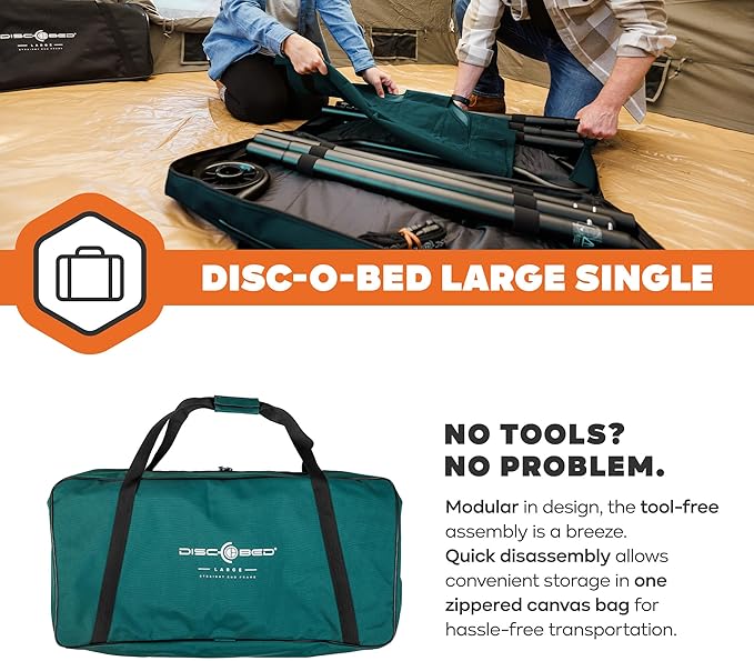 Disc-O-Bed Large Outdoor Modular 1 Person Single Camping Cot Portable Bed for Adults, Sleep Solution for Tents, Green