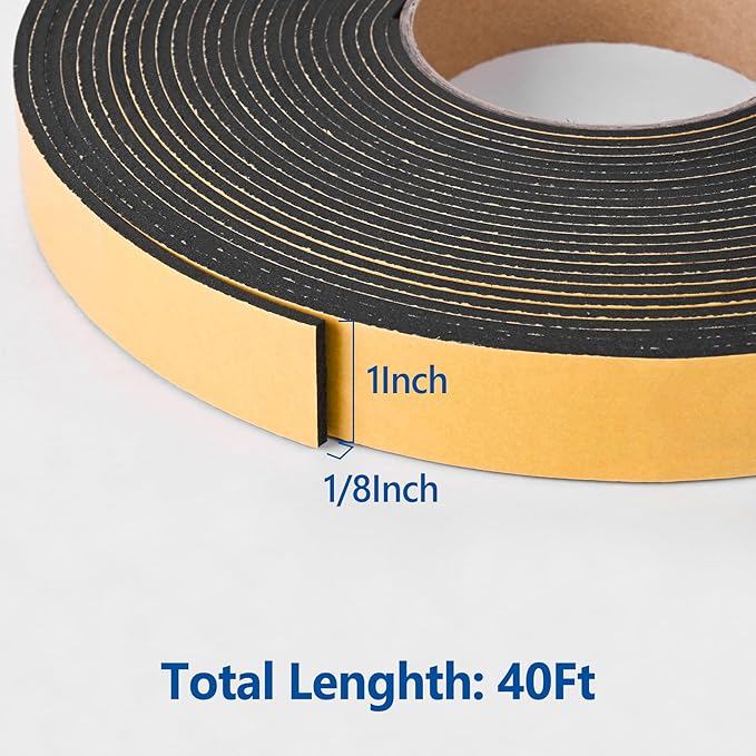 Self Adhesive Foam Tape Weatherstrip 1in x 1/8in x 40Ft High Density Foam Insulation Strips Foam Seal Weather Stripping with Strong Adhesive for Door and Window Sound Isolation Soundproofing