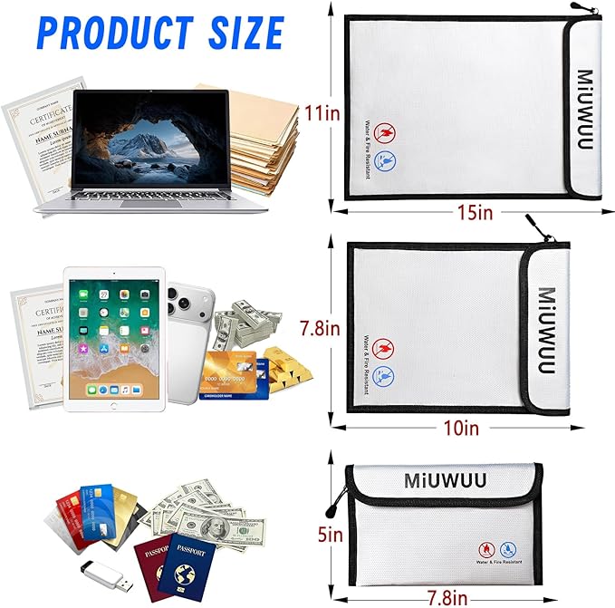 3 Pack Fireproof Document Bag Waterproof Safe Zipper Storage Organizer Pouch Fireproof Money Bag for A4/A5 Documents Holder, File, Cash, Jewelry, Passport, Tablet, Laptop