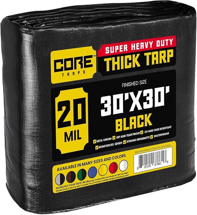 Core Tarps Extreme Heavy Duty 20 Mil Tarp Cover, Waterproof, UV Resistant, Rip and Tear Proof, Poly Tarpaulin with Reinforced Edges for Roof, Camping, Patio, Pool, Boat (Black 30′ X 30′)