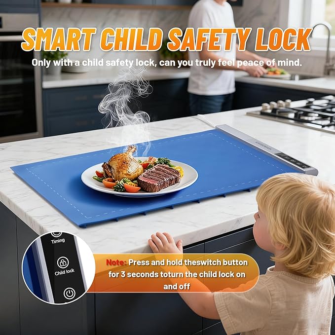Warming Mat for Food,Food Warming Mat,2 Pack Electric Food Warmer Mat with Graphene Heating Tech, 3 Temperature Settings & 15 Timer Modes, Child Safety Lock, Silicone Heating Pad for Buffets Party