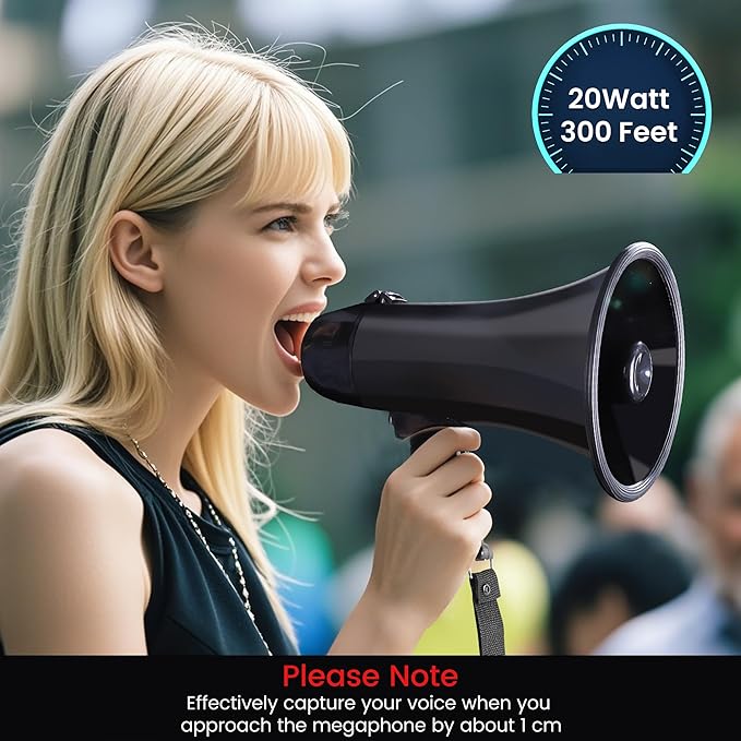 MyMealivos Portable Megaphone Bullhorn 20 Watt Power Megaphone Speaker Voice and Siren/Alarm Modes with Volume Control and Strap (Black)