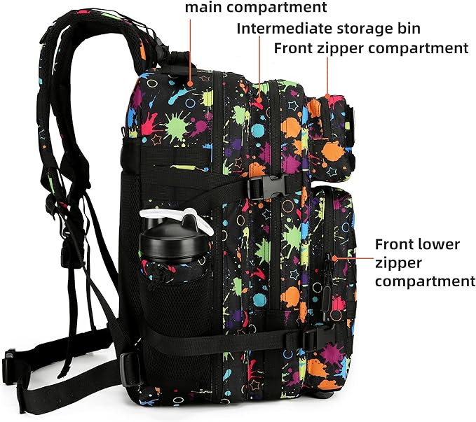 Tactical Assault Backpack - 45L 3 Day Assault Pack with MOLLE, Waterproof Rucksack - Fluorescent Tie Dye