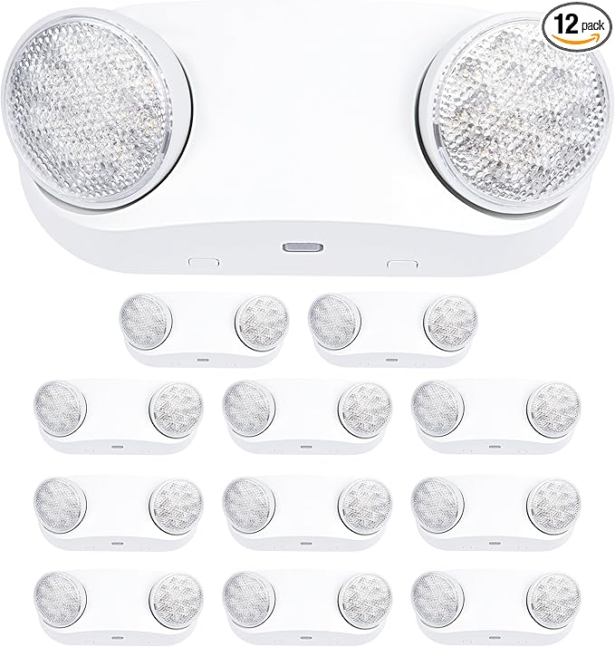GRUENLICH LED Emergency Light with Battery Backup, 2 Adjustable Bug Eye Heads Lights, US Standard, AC 120-277V, Hardwired Commercial Emergency Exit Light for Business, 12-Pack