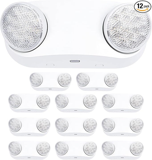 GRUENLICH LED Emergency Light with Battery Backup, 2 Adjustable Bug Eye Heads Lights, US Standard, AC 120-277V, Hardwired Commercial Emergency Exit Light for Business, 12-Pack