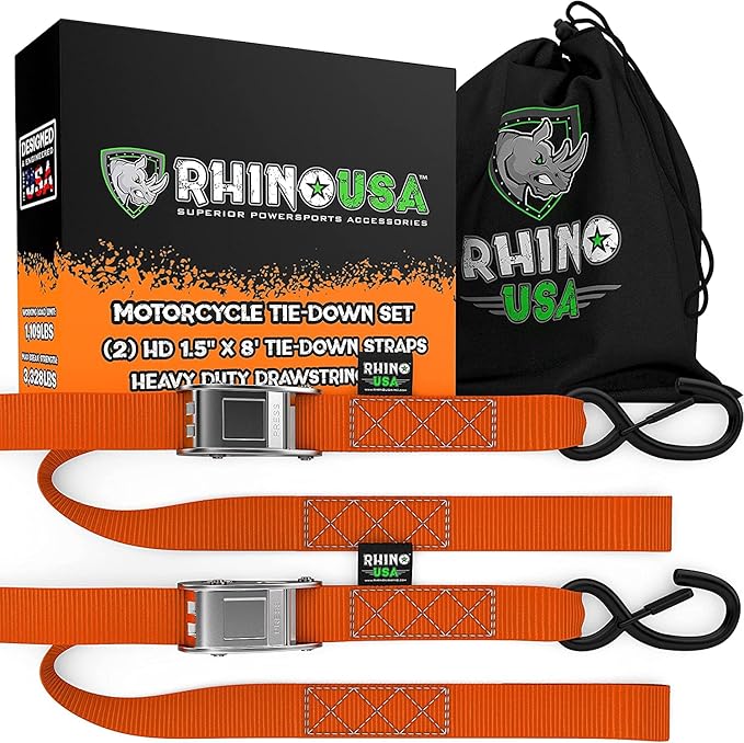 Rhino USA Motorcycle Tie Down Straps (2 Pack) Lab Inspected 2,200lb Break Strength, Steel Cambuckle Tiedown Set with Integrated Soft Loops - Better Than a Ratchet Strap (Orange 2-Pack)